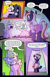 Size: 2480x3794 | Tagged: safe, artist:php104, oc, oc:littlepip, oc:pinkie bell, oc:silver bell, oc:velvet remedy, comic:rock farm, armor, bag, balefire bomb, butt, clothes, comic, confetti, detailed background, dress, eyes closed, fake smile, fallout equestria, female, filly, foal, g4, horn, imported from derpibooru, medical saddlebag, oc only, plot, pony, raised hoof, rear view, smiling, speech bubble, unicorn, yelling