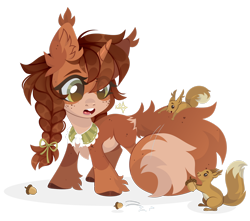 Size: 1920x1695 | Tagged: safe, artist:kabuvee, oc, acorn, female, filly, foal, horn, imported from derpibooru, pony, quadrupedal, simple background, solo, squirrel, transparent background, unicorn
