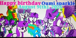 Size: 3616x1824 | Tagged: safe, artist:oumirot, oc, oc:ghost firesoul, oc:mean oumi sparkle, oc:oumi sparkle, oc:sippo the dragon, series:oumirot series too many ponies, 2026, alicorn, baby, baby oumi sparkle, birthday, dragon, female, filly, filly oumi sparkle, foal, horn, imported from derpibooru, oc only, older, older oumi sparkle, oumi sparkle day (8/9), photo, pony, super oumi sparkle, unicorn, unicorn oumi