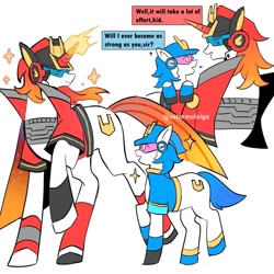 Size: 1000x1000 | Tagged: safe, artist:catarmolaiga, colt, crossover, dialogue, duo, foal, horn, imported from derpibooru, male, metal cardbot, ponified, pony, simple background, sparkles, unicorn, white background
