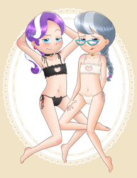 Size: 2975x3850 | Tagged: suggestive, artist:vsdrawfag, diamond tiara, silver spoon, armpits, banned from derpibooru, bedroom eyes, bell, belly button, blushing, breasts, cameltoe, cat bell, cat ears, clothes, delicious flat chest, duo, exposed belly, female, glasses, hairpin, human, humanized, imported from twibooru, lolicon, panties, pixiv, raised eyebrow, simple background, smiling, smirk, tongue out, underage, underwear