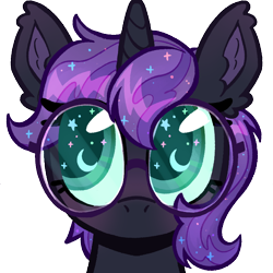 Size: 768x768 | Tagged: safe, artist:furufoo, oc, oc:nyx, fanfic:past sins, alicorn, big eyes, black coat, blue eyes, commission, cute, daaaaaaaaaaaw, disguise, ear fluff, emotes, eye shimmer, female, filly, foal, g4, glasses, horn, imported from derpibooru, innocent, looking offscreen, looking right, looking sideways, moon, nightmare moon, nyx (disguised), nyxabetes, oc only, ocbetes, pony, pony eyes, purple mane, shiny eyes, solo, sparkles, sparkly, sparkly eyes, sparkly mane, wide eyes, wingding eyes
