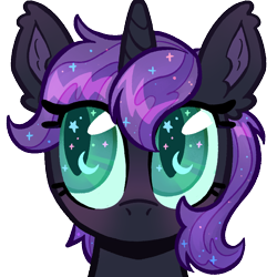 Size: 768x768 | Tagged: safe, artist:furufoo, oc, oc:nyx, fanfic:past sins, alicorn, big eyes, black coat, blue eyes, blushing, catchlights, commission, cute, daaaaaaaaaaaw, dragon eyes, ear fluff, emotes, eye shimmer, female, filly, foal, g4, horn, imported from derpibooru, innocent, looking offscreen, looking right, looking sideways, moon, narrowed eyes, no disguise, nyx (no disguise), nyxabetes, oc only, ocbetes, pony, purple mane, shiny eyes, slit pupils, solo, sparkles, sparkly, sparkly eyes, sparkly mane, stars, wingding eyes