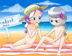 Size: 3850x2975 | Tagged: explicit, artist:vsdrawfag, diamond tiara, silver spoon, alternate version, banned from derpibooru, barefoot, beach, beach towel, belly button, blushing, breasts, delicious flat chest, duo, feet, female, flower, flower in hair, food, glasses, hat, human, humanized, ice cream, imported from twibooru, jewelry, lolicon, necklace, nipples, nude beach, nudity, open mouth, pearl necklace, pixiv, smiling, sun hat, sunscreen, tan lines, underage, vulva