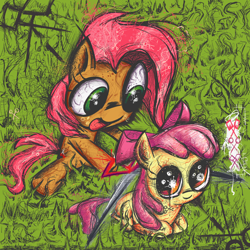 Size: 1500x1500 | Tagged: semi-grimdark, artist:fourjarn, apple bloom, babs seed, crazy eyes, duo, earth pony, female, filly, foal, g4, grass, hoof hold, imported from derpibooru, looking back, lying down, pony, ponyloaf, prone, scissors, sitting, smiling, this will end in death, tongue out