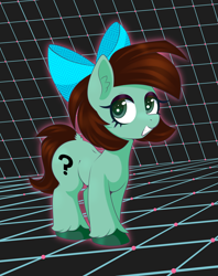 Size: 1722x2178 | Tagged: safe, artist:anonymous, artist:scandianon, oc, oc:filly anon, accessory, big eyes, bow, brown hair, catchlights, colored pupils, dock, ear fluff, earth pony, eyeshadow, female, filly, foal, grid background, grin, hair bow, hooves, imported from derpibooru, looking at you, makeup, mare, oc only, pony, smiling, smiling at you, solo, tail, unshorn fetlocks