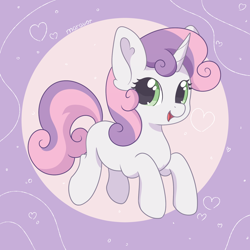 Size: 1500x1500 | Tagged: safe, artist:maravor, sweetie belle, abstract background, cute, diasweetes, female, filly, foal, g4, horn, imported from derpibooru, maravor is trying to murder us, open mouth, open smile, pony, quadrupedal, smiling, solo, unicorn, weapons-grade cute