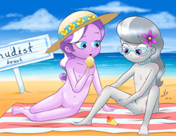 Size: 3850x2975 | Tagged: explicit, artist:vsdrawfag, diamond tiara, silver spoon, alternate version, banned from derpibooru, barefoot, beach, beach towel, belly button, blushing, breasts, casual nudity, delicious flat chest, duo, equestria girls, feet, female, flower, flower in hair, food, glasses, hat, ice cream, imported from twibooru, jewelry, lolicon, necklace, nipples, nude beach, nudist diamond tiara, nudist silver spoon, nudity, open mouth, pearl necklace, pixiv, smiling, sun hat, sunscreen, tan lines, underage, vulva