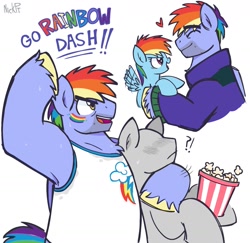 Size: 1649x1600 | Tagged: safe, artist:awessomest29761, rainbow dash, oc, oc:anon, armpits, blushing, bow hothoof, cheering, chest fluff, clothes, dilf, duo focus, facial hair, female, filly, filly rainbow dash, flapping, floating heart, foal, food, g4, gay, heart, imported from derpibooru, male, muscles, pegasus, pony, popcorn, popcorn bucket, rainbow dash's cutie mark, simple background, stallion, sweat, sweat stain, tank top, trio, white background, younger
