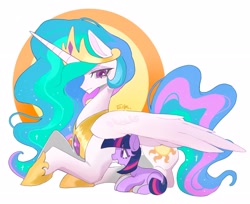Size: 2281x1861 | Tagged: safe, artist:ye qi, princess celestia, twilight sparkle, :d, alicorn, covering, crown, duo, duo female, female, filly, filly twilight sparkle, foal, full body, g4, horn, imported from derpibooru, jewelry, lying down, mare, momlestia, open mouth, open smile, partially open wings, pony, prone, regalia, signature, simple background, smiling, sun, unicorn, unicorn twilight, white background, wing covering, wings, younger