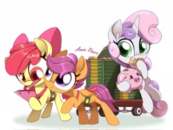 Size: 2048x1536 | Tagged: safe, artist:amix flare, apple bloom, scootaloo, sweetie belle, adorabloom, amix flare is trying to murder us, box, cart, child, clipboard, cookie, cute, cutealoo, cutie mark crusaders, cutie mark cuties, diasweetes, earth pony, female, filly, foal, food, g4, horn, imported from derpibooru, mouth hold, pegasus, piggy bank, pony, prank, rainbow, selling, simple background, toy, trio, trio female, unicorn, white background
