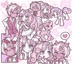 Size: 2048x1837 | Tagged: safe, artist:활공님, sweetie belle, oc, oc:lace pendant, :<, blush lines, blushing, blushing profusely, bow, chibi, clothes, colt, dress, duo, duo male and female, ear fluff, eared humanization, eyebrows, eyelashes, female, filly, foal, g4, hand on chin, hand on hip, heart, horn, horned humanization, human, humanized, humanized oc, imported from derpibooru, jewelry, letter, male, necktie, one sided shipping, pendant, pony, self paradox, self ponidox, ship:soursweet, shipping, smiling, straight, sweat, tail, tailed humanization, thick eyebrows, thought bubble, tsundere, unicorn