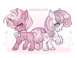 Size: 1024x768 | Tagged: safe, artist:pbsoursweet, sweetie belle, oc, oc:lace pendant, catchlights, chibi, colt, duo, duo male and female, eyebrows, female, filly, foal, g4, horn, imported from derpibooru, looking at you, male, mare, one sided shipping, pony, raised hoof, rearing, ship:soursweet, simple background, smiling, smiling at you, sparkles, stallion, thick eyebrows, unicorn, unshorn fetlocks, white background