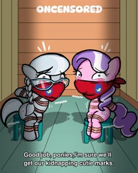 Size: 2000x2500 | Tagged: suggestive, artist:oncensored, diamond tiara, silver spoon, arm behind back, bondage, bound and gagged, cloth gag, crying, duo, duo female, earth pony, emanata, female, filly, foal, g4, gag, gagging, implied cutie mark crusaders, imported from derpibooru, kidnapped, muffled words, offscreen character, over the nose gag, pony, rope, rope bondage, semi-anthro, sitting, stool, tied up