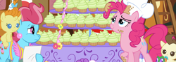 Size: 3032x1080 | Tagged: safe, pinkie pie, alligator, baby, baby pony, brother and sister, cake twins, chef's hat, composite screencap, cup cake, cupcake, ear piercing, earring, earth pony, edit, edited screencap, female, filly, foal, food, g4, gummy, hat, hoof hold, imported from derpibooru, indoors, jewelry, male, mare, my little pony: friendship is magic, pacifier, pegasus, piercing, pony, pound cake, pumpkin cake, screencap, season 5, siblings, sugarcube corner, sugarcube corner (interior), the one where pinkie pie knows, twins