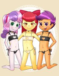 Size: 1700x2200 | Tagged: suggestive, artist:vsdrawfag, apple bloom, scootaloo, sweetie belle, alternate version, banned from derpibooru, barefoot, bell, belly button, blushing, breasts, cat bell, clothes, cutie mark crusaders, delicious flat chest, equestria girls, feet, female, imported from twibooru, lolicon, open mouth, panties, pixiv, raised eyebrow, simple background, smiling, smirk, trio, underage, underwear