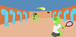 Size: 1816x894 | Tagged: safe, oc, oc:anon, oc:filly anon, anonymous artist, ball, bipedal, child, duo, duo male and female, female, filly, foal, g4, grin, human, imported from derpibooru, lineless, male, oc only, open mouth, open smile, pegasus, pipe (plumbing), playing, pony, smiling, sports, tennis, tennis ball, tennis racket, vent, younger