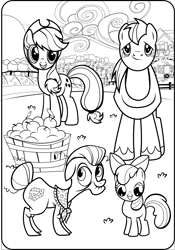 Size: 4899x7016 | Tagged: safe, apple bloom, applejack, .ai available, .svg available, absurd resolution, applejack's hat, barn, big macintosh, black and white, coloring page, cowboy hat, earth pony, female, filly, foal, g4, g4 brand assets, granny smith, grayscale, hat, imported from derpibooru, looking at you, male, monochrome, official, outdoors, pony, stallion, stetson, stock vector, svg, sweet apple acres, sweet apple acres barn, vector