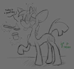 Size: 3092x2855 | Tagged: safe, artist:spongesquirrel44, 2026, chest fluff, colt, foal, food, g4, horn, imported from derpibooru, levitation, magic, male, pony, pudding, snails, solo, spoon, telekinesis, that pony sure does love pudding, tongue out, unicorn