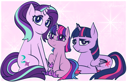 Size: 2755x1784 | Tagged: safe, artist:kharmacal, starlight glimmer, twilight sparkle, 2026, alicorn, bangs, blank flank, c:, female, filly, foal, folded wings, freckles, g4, g6, generational ponidox, gradient horn, headcanon, hime cut, horn, imported from derpibooru, lesbian, lightly watermarked, long hair, looking at you, lying down, magical lesbian spawn, mare, momlight glimmer, momlight sparkle, offspring, parent:starlight glimmer, parent:twilight sparkle, parents:twistarlight, passepartout, pink hooves, pixel-crisp art, pony, purple hooves, raised hoof, ship:twistarlight, shipping, sitting, smiling, star freckles, thick lineart, three toned mane, three toned tail, trio, trio female, twilight sparkle (g6), unicorn, watermark, wings