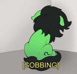 Size: 825x794 | Tagged: safe, artist:talimingi, oc, oc:filly anon, corner, earth pony, facing away, female, filly, floppy ears, foal, imported from derpibooru, oc only, pony, solo, text, time out