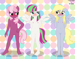 Size: 3520x2786 | Tagged: explicit, artist:tolpain, anthro, banned from derpibooru, barefoot, blossomforth, blushing, breasts, cheerilee, complete nudity, delicious flat chest, derpy hooves, feet, female, imported from twibooru, lolicon, nipples, nudity, trio, underage, vulva, young, younger