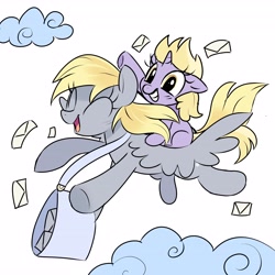 Size: 4096x4096 | Tagged: safe, artist:wolflly, bag, blush lines, blushing, cloud, cute, derpy hooves, dinky hooves, duo, duo female, female, filly, flying, foal, g4, horn, imported from derpibooru, mail, mailbag, mailmare, mare, mother and child, mother and daughter, open mouth, open smile, pegasus, pegasus wings, piggyback ride, pony, raised hoof, simple background, sitting on pony, smiling, spread wings, underhoof, unicorn, white background, wide smile, windswept mane, wings