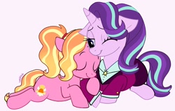 Size: 2048x1305 | Tagged: safe, artist:wolflly, starlight glimmer, age difference, bags under eyes, clothes, cuddling, cuffs (clothes), cute, duo, duo female, eyelashes, eyes closed, female, filly, floppy ears, foal, furrowed brow, g4, gradient mane, high ponytail, holding hooves, horn, imported from derpibooru, lidded eyes, luster dawn, luster dawn is starlight's and sunburst's daughter, lying down, mama starlight, mare, momlight glimmer, mother and child, mother and daughter, mother's day, older, older starlight glimmer, one eye closed, parent:starlight glimmer, parent:sunburst, parents:starburst, pony, ponytail, prone, signature, simple background, size difference, snuggling, two toned mane, unicorn, white background, wink