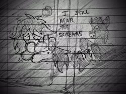 Size: 2508x1879 | Tagged: grimdark, artist:dhm, oc, oc:filly anon, abuse, childhood, clothes, disturbing, domestic abuse, door, doorknob, doorway, ears back, emanata, father and child, father and daughter, female, fetal position, filly, foal, imported from derpibooru, light, lined paper, male, monochrome, pencil drawing, pony, screaming, see-through, shadow, shaking, shrunken pupils, siblings, silhouette, sister, sisters, sitting, text, traditional art, trauma, traumatized, vent art, violence