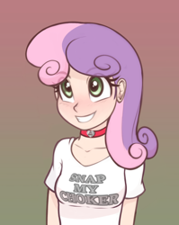 Size: 954x1200 | Tagged: suggestive, artist:scorpdk, sweetie belle, adorasexy, banned from derpibooru, breasts, choker, cute, edit, eyebrows visible through hair, female, gradient background, human, humanized, imminent blowjob, imminent deepthroat, imported from twibooru, lolicon, oppai loli, sexy, small breasts, smiling, solo, underage, until the choker breaks, young
