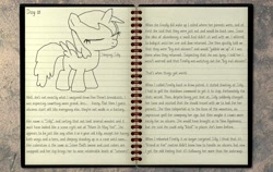 Size: 1900x1200 | Tagged: safe, artist:justmoth, oc, oc:celly, oc:citquine, series:fallout equestria: wings, alicorn, alicorn oc, eyes closed, fallout equestria, female, female oc, filly, filly oc, foal, g4, horn, imported from derpibooru, journal, oc only, part of a series, part of a set, pony, sleeping, spread wings, spritebot, text, wings