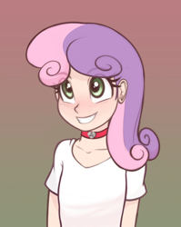 Size: 954x1200 | Tagged: safe, artist:scorpdk, sweetie belle, banned from derpibooru, blushing, choker, clothes, cute, diasweetes, edit, eyebrows visible through hair, eyelashes, female, gradient background, human, humanized, imported from twibooru, lolicon, shirt, smiling, solo, t-shirt, underage