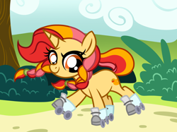 Size: 2732x2048 | Tagged: safe, artist:grelkastrelka, oc, oc:peach bubble, braid, female, filly, foal, horn, imported from derpibooru, oc only, outdoors, pony, roller skates, skates, solo, unicorn, unicorn oc