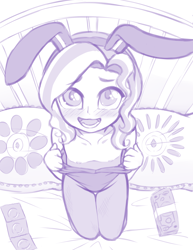 Size: 2550x3300 | Tagged: explicit, artist:fearingfun, diamond tiara, animal costume, banned from derpibooru, bed, blanket, blushing, breasts, bunny costume, bunny ears, bunny suit, clothes, condoms, costume, delicious flat chest, human, humanized, imported from twibooru, lolicon, money, monochrome, nipples, nudity, open mouth, pillow, playboy bunny, prostitution, teeth, underage