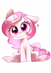 Size: 2480x3508 | Tagged: safe, artist:izuchi, princess celestia, alicorn, c:, cewestia, female, filly, foal, g4, imported from derpibooru, looking at you, one ear down, pink-mane celestia, pony, question mark, simple background, smiling, smiling at you, solo, white background, younger
