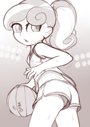 Size: 2550x3600 | Tagged: suggestive, artist:fearingfun, sweetie belle, alternate version, banned from derpibooru, basketball, clothes, explicit source, female, gym shorts, human, humanized, imported from twibooru, lolicon, monochrome, open mouth, panties, panty shot, solo, solo female, sports, sweat, underage, underwear