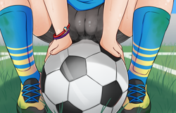 Size: 3508x2252 | Tagged: explicit, artist:fearingfun, scootaloo, banned from derpibooru, cameltoe, cleats, clothes, field, football, grass, human, human coloration, humanized, imported from twibooru, lolicon, shin guards, shoes, soccer field, socks, sports, sweat, underage