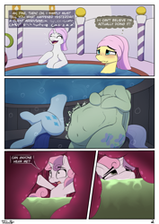 Size: 2894x4093 | Tagged: semi-grimdark, suggestive, artist:tatzlcatto, fluttershy, rarity, sweetie belle, comic:spa time (vore), abdominal bulge, belly, big belly, commission, digestion, female, filly, filly prey, flutterpred, foal, g4, horn, implied death, implied digestion, imported from derpibooru, mare, mare pred, pegasus, pony, scared, spa, stealth vore, stomach acid, sweetieprey, unicorn, unwilling prey, vore