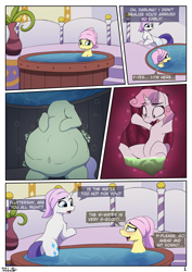 Size: 2894x4093 | Tagged: suggestive, artist:tatzlcatto, fluttershy, rarity, sweetie belle, comic:spa time (vore), abdominal bulge, belly, big belly, blushing, butt, comic, commission, female, filly, filly prey, flutterpred, foal, g4, horn, implied death, implied digestion, imported from derpibooru, mare, mare pred, pegasus, plot, pony, scared, spa, stealth vore, sweetieprey, unicorn, unwilling prey, vore