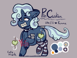 Size: 2000x1500 | Tagged: safe, artist:yourlocalshuck, oc, oc:pin cushion, bite mark, character name, clothes, collar, cutie mark, ear fluff, female, filly, foal, horn, imported from derpibooru, oc only, offspring, parent:pokey pierce, parent:screw loose, pony, pouch, pronouns, raised hoof, raised leg, reference sheet, scratch mark, socks, standing on two hooves, striped socks, tail, unicorn