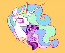 Size: 2252x1856 | Tagged: safe, artist:janegumball, princess celestia, twilight sparkle, alicorn, cute, duo, duo female, female, filly, filly twilight sparkle, foal, g4, horn, imported from derpibooru, mare, momlestia, mouth hold, orange background, pony, scruff, simple background, smiling, smol, twiabetes, unicorn, unicorn twilight, younger
