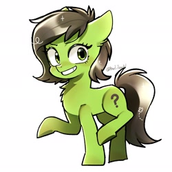 Size: 2048x2048 | Tagged: safe, artist:izuchi, oc, oc:filly anon, chest fluff, ear fluff, earth pony, female, filly, foal, grin, imported from derpibooru, looking at you, oc only, pony, simple background, smiling, smiling at you, solo, standing on two hooves, white background