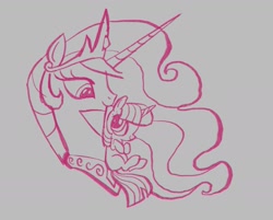 Size: 2128x1712 | Tagged: safe, artist:janegumball, princess celestia, twilight sparkle, alicorn, cute, duo, duo female, female, filly, filly twilight sparkle, foal, g4, gray background, horn, imported from derpibooru, mare, monochrome, mouth hold, pinkscale, pony, scruff, simple background, sketch, smiling, twiabetes, unicorn, unicorn twilight, wip, younger