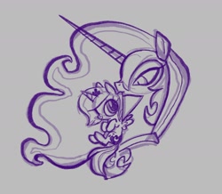 Size: 2102x1833 | Tagged: safe, artist:janegumball, princess luna, alicorn, cute, duality, duo, duo female, female, filly, filly luna, foal, g4, gray background, imported from derpibooru, lunabetes, monochrome, nightmare moon, pony, purplescale, scruff, self paradox, self ponidox, simple background, sketch, wip, woona, younger