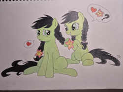 Size: 1276x957 | Tagged: safe, artist:vjjc, oc, oc:filly anon, :<, braid, earth pony, female, filly, flower, flower in hair, foal, imported from derpibooru, oc only, photo, pony, self paradox, self ponidox, traditional art