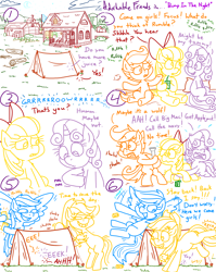 Size: 4779x6013 | Tagged: safe, artist:adorkabletwilightandfriends, apple bloom, applejack, rainbow dash, scootaloo, sweetie belle, comic:adorkable twilight and friends, adorkable, adorkable friends, backyard, camping, comic, cute, cutie mark crusaders, dork, drink, earth pony, female, filly, flashlight (object), flying, foal, g4, garage, horn, house, implied rumbloo, imported from derpibooru, juice, juice box, moon, night, night sky, noises, pegasus, pony, prank, scared, scenery, siblings, silly, sisters, sisters being sisters, sitting, sky, smiling, spooked, spooky, stars, sweet apple acres, tent, unicorn, yard