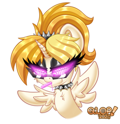 Size: 1500x1551 | Tagged: safe, artist:qlop, oc, oc:dyx, alicorn, bust, candy, choker, eating, entranced, eyes open, eyeshadow, female, filly, foal, food, headband, heart, heart eyes, horn, hypno eyes, hypnosis, hypnotized, imported from derpibooru, kaa eyes, lollipop, looking down, makeup, pony, simple background, solo, spiked choker, spiked headband, spikes, spiral, sunglasses, transparent background, wingding eyes, wings