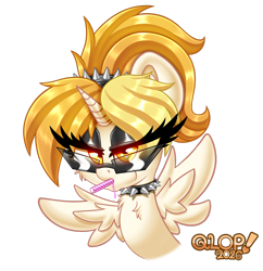 Size: 1500x1551 | Tagged: safe, artist:qlop, oc, oc:dyx, alicorn, bust, candy, choker, eating, eyes open, eyeshadow, female, filly, foal, food, headband, horn, imported from derpibooru, lollipop, looking at you, makeup, pony, simple background, solo, spiked choker, spiked headband, spikes, sunglasses, transparent background, wings