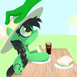 Size: 2000x2000 | Tagged: safe, artist:hotwater, oc, oc:anon, oc:filly anon, braid, duo, earth pony, female, filly, foal, food, head pat, human, human on pony petting, ice cube, imported from derpibooru, oc only, offscreen character, outdoors, pat, patting, petting, pony, sandwich, soda