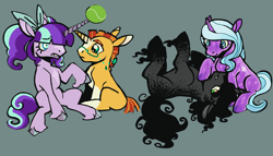 Size: 3500x2000 | Tagged: safe, artist:sound-soldier, starlight glimmer, series:my little pony: equestrian tales, 2026, alternate universe, au:my little pony: equestrian tales, ball, bangs, bow, coat markings, colt, colt sombra, colt sunburst, cropped tail, crystal pony, curly mane, curly tail, cute, cute little fangs, digital art, eye shimmer, eyebrows, eyebrows visible through hair, fangs, female, filly, filly radiant hope, filly starlight glimmer, foal, furrowed brow, g4, glasses, gray background, hair bow, hooves, horn, imported from derpibooru, king sombra, long mane, looking at you, looking down, looking sideways, lying down, male, on back, pigtails, pony, quadrupedal, radiant hope, raised hooves, raised leg, shiny eyes, short tail, sideburns, simple background, sitting, star mark, stars, sunburst, tail, tennis ball, three toned mane, three toned tail, twintails, unicorn, unshorn fetlocks, wavy mane, younger